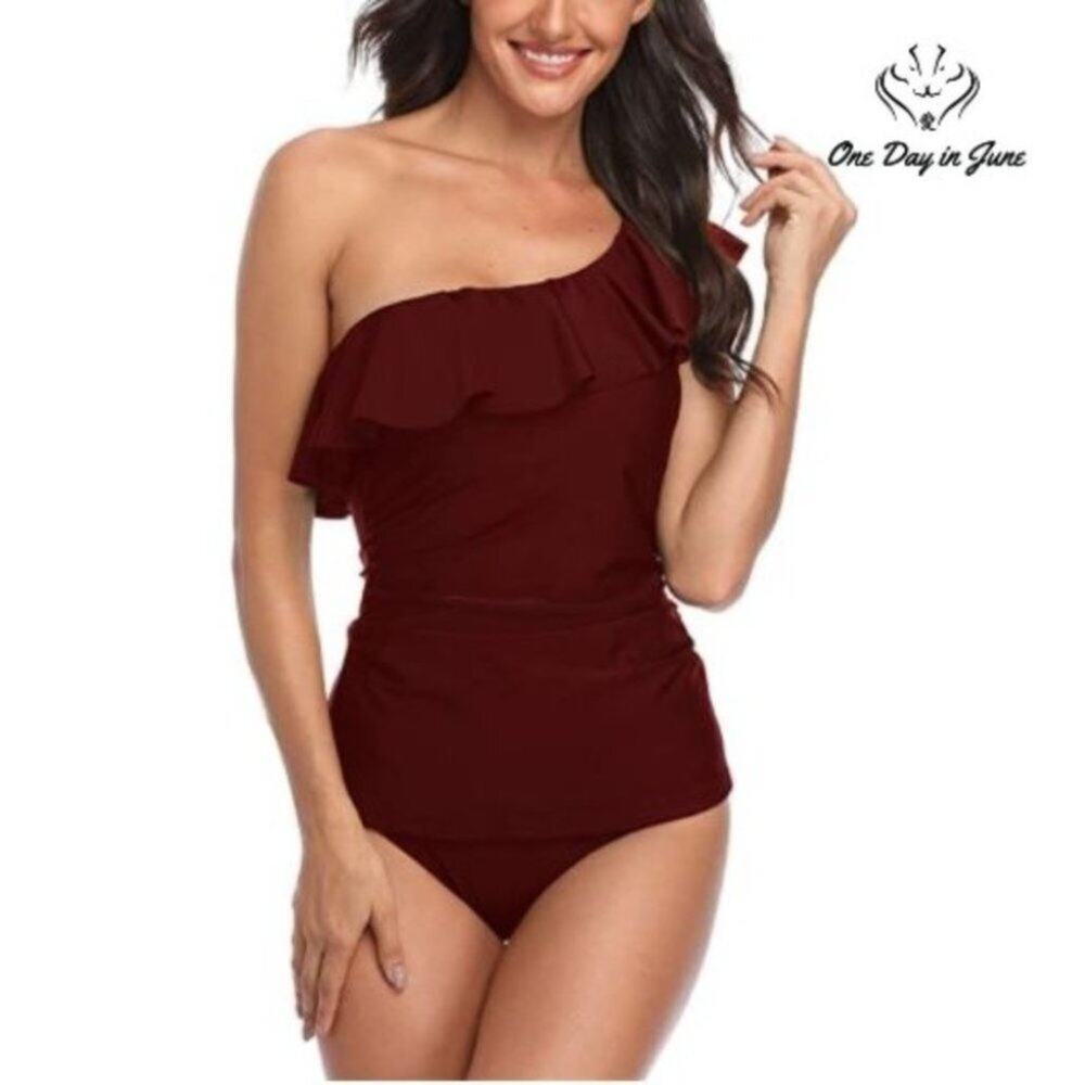 Yonique One Shoulder Ruffled Tankini Size S
